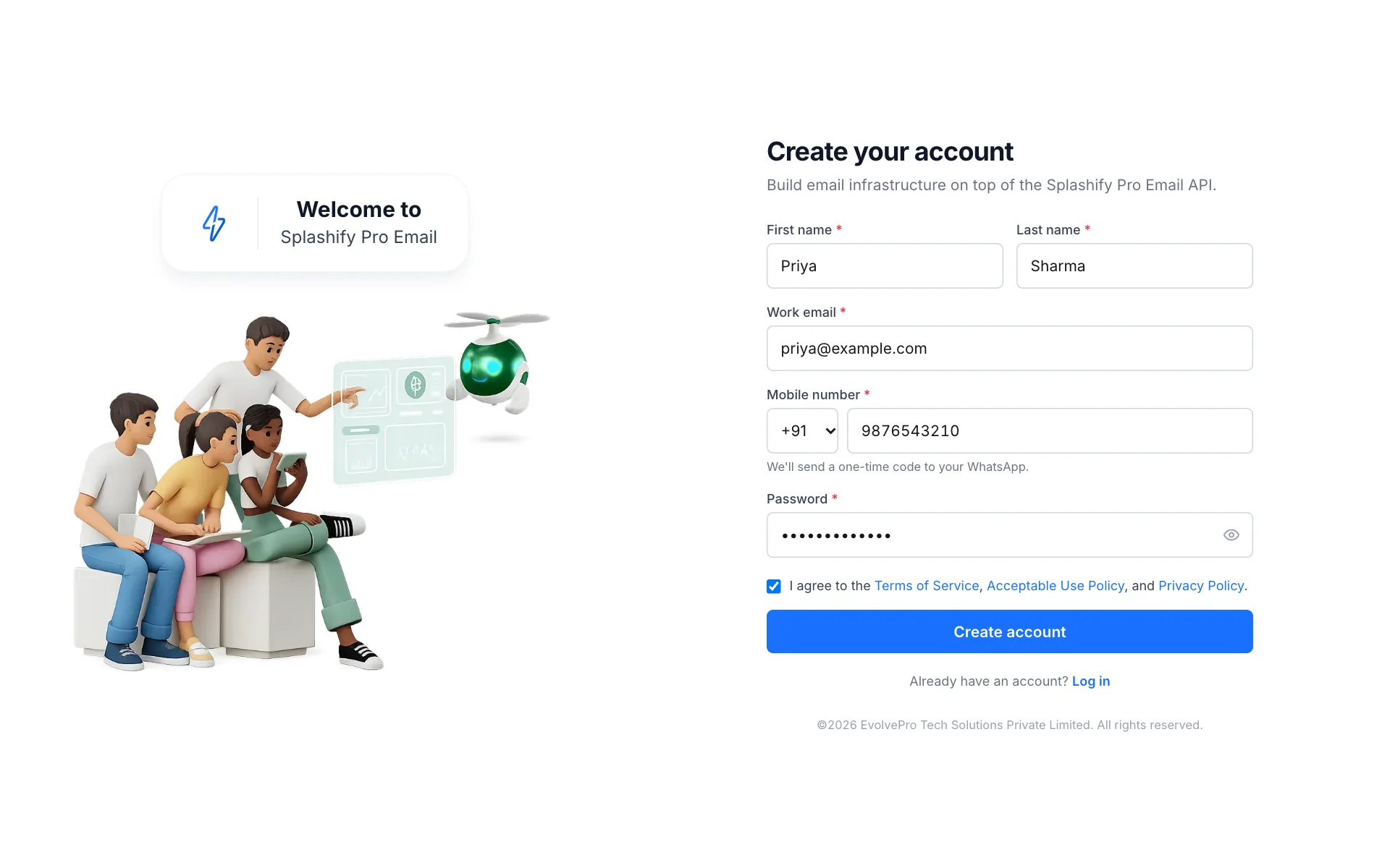 The Create your account page with first name Priya, last name Sharma, work email priya@example.com, mobile number +91 9876543210, a password, the terms box ticked and the blue Create account button
