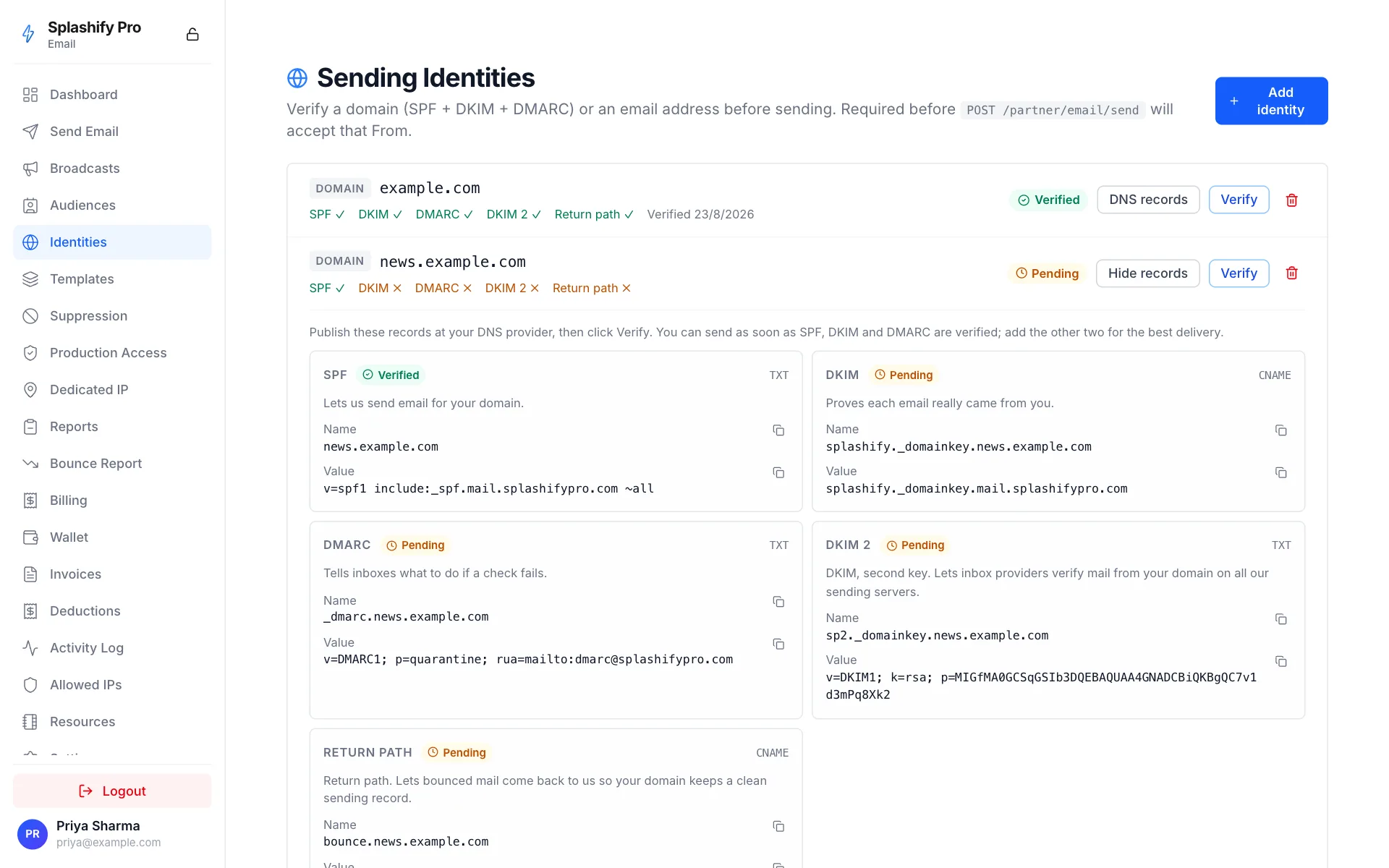 The Sending Identities page with example.com verified and news.example.com pending, its DNS records open: SPF verified, and DKIM, DMARC, DKIM 2 and Return path pending, each with a name, a value and copy buttons