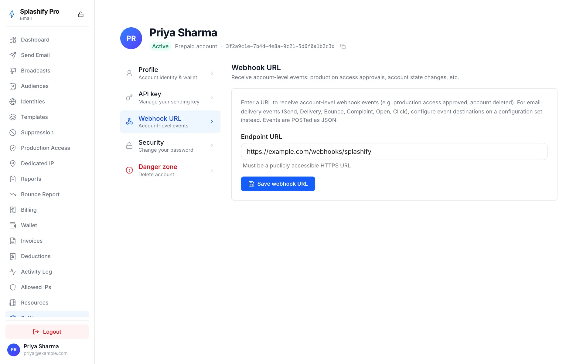 Settings with the Webhook URL section open, the endpoint URL https://example.com/webhooks/splashify filled in and the Save webhook URL button